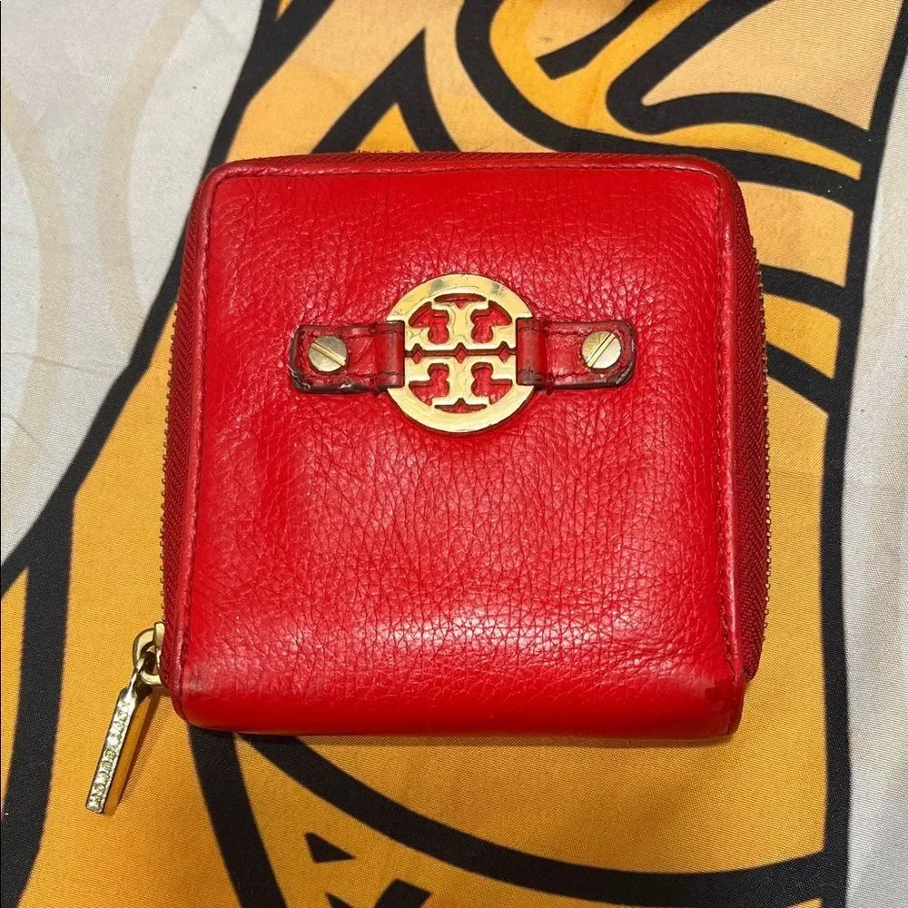 Tory Burch RedPebbled Leather Zip Around Wallet